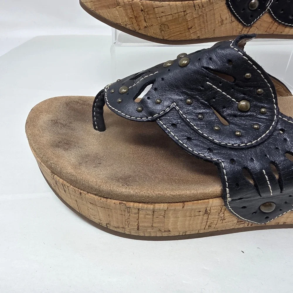 Clarks Artisan Wedge Sandals Women 9 Black Leather Cork Platform Flip Flop 18289